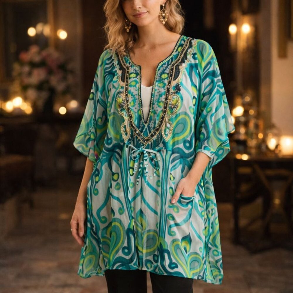 🌿 Midnight Velvet Beaded Boho Tunic / Kaftan Top